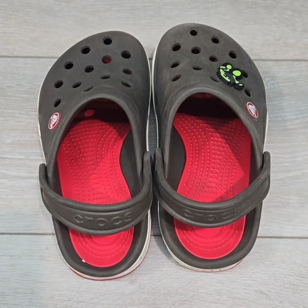 Crocs Kids Gray& Red Clogs Mule Shoes Sz J2
